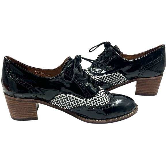 JEFFREY CAMPBELL IBIZA LAST BLOCK HEEL WING TIP OXFORDS PATENT BLACK WHITE 10 - Picture 1 of 9